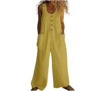 EMATOP Leinen Jumpsuit Damen Lang Weites Bein Latzhose Sommer Lässig Ärmellos Trägerhose Loose Fit Elegant Overall Bequem Baumwolle Playsuit mit Taschen Strampler Einfarbig Leicht Arbeitshose
