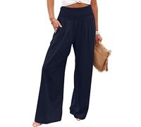 EMATOP Leinenhose Damen Sommer Leichte Weite Hose Lange Boho Sommerhose Hohe Taille Elegant Stoffhose Casual Einfarbig Freizeithose Baumwolle Leinen Palazzo Hosen mit Taschen Sporthose Frauen