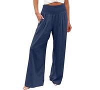 EMATOP Leinenhose Damen Sommer Leichte Weite Hose Lange Boho Sommerhose Hohe Taille Elegant Stoffhose Casual Einfarbig Freizeithose Baumwolle Leinen Palazzo Hosen mit Taschen Sporthose Frauen
