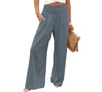 EMATOP Leinenhose Damen Sommer Leichte Weite Hose Lange Boho Sommerhose Hohe Taille Elegant Stoffhose Casual Einfarbig Freizeithose Baumwolle Leinen Palazzo Hosen mit Taschen Sporthose Frauen