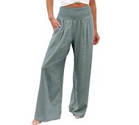 EMATOP Leinenhose Damen Sommer Leichte Weite Hose Lange Boho Sommerhose Hohe Taille Elegant Stoffhose Casual Einfarbig Freizeithose Baumwolle Leinen Palazzo Hosen mit Taschen Sporthose Frauen