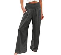 EMATOP Leinenhose Damen Sommer Leichte Weite Hose Lange Boho Sommerhose Hohe Taille Elegant Stoffhose Casual Einfarbig Freizeithose Baumwolle Leinen Palazzo Hosen mit Taschen Sporthose Frauen