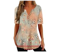 EMATOP Longbluse Damen Sommer Casual T-Shirt Elegant Baumwolle Tunika Longshirt V-Ausschnitt Knopfleiste Bluse Tops Vintage Blumen Druck Oberteile Lässiges Lose Kurzarm Tee Shirts Sommershirts