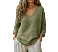 EMATOP Musselin Bluse Damen Sommer Leicht Leinenbluse Elegant V-Ausschnitt Tshirt Lässig Baumwolle Leinen Langarmshirt Bequem Einfarbig Oberteile Casual Lose Tunika Tops Oversized Longshirt