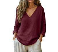 EMATOP Musselin Bluse Damen Sommer Leicht Leinenbluse Elegant V-Ausschnitt Tshirt Lässig Baumwolle Leinen Langarmshirt Bequem Einfarbig Oberteile Casual Lose Tunika Tops Oversized Longshirt