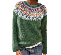 EMATOP Norweger Pullover Damen Langarm Warm Strickpullover Casual Rundhals Winterpullover Elegant Baumwolle Pullis Oberteile Winter Bequem Sweatshirt Y2K Vintage Strickpulli Feinstrickpullover