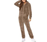 EMATOP Overall Damen Winter Warm Jumpsuit Flauschig Schlafanzug Teddy Fleece Einteiler Onesie Kuschelig Weich Ganzkörperanzug Lang Einfarbig Hausanzug mit Kapuze Pyjama Plüsch Trainingsanzug