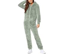 EMATOP Overall Damen Winter Warm Jumpsuit Flauschig Schlafanzug Teddy Fleece Einteiler Onesie Kuschelig Weich Ganzkörperanzug Lang Einfarbig Hausanzug mit Kapuze Pyjama Plüsch Trainingsanzug