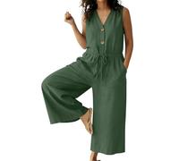 EMATOP Sommer Leinen Overall Damen Lässig Baumwolle Jumpsuit Elegant Locker Einteiler Onesie Einfarbige Weites Bein Romper Ärmellos Latzhose mit Taschen Strampler V-Ausschnitt Playsuit