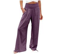 EMATOP Sommerhose Damen Leicht Leinenhose Casual Weites Bein Hosen Elegant Hohe Taille Strandhose Lässige Lose Stoffhose mit Taschen Freizeithose Baumwolle Einfarbig Jogginghose Bequem Yogahose