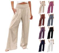 EMATOP Sommerhose Damen Leicht Leinenhose Casual Weites Bein Hosen Elegant Hohe Taille Strandhose Lässige Lose Stoffhose mit Taschen Freizeithose Baumwolle Einfarbig Jogginghose Bequem Yogahose