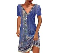 EMATOP Sommerkleid Damen Knielang Elegant Shirtkleid Casual Baumwolle Blusenkleid Sommer Leicht Strandkleider Locker Kurzarm Freizeitkleid Blumen Vintage Boho Kleid Weich Bequem Minikleider