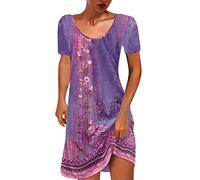 EMATOP Sommerkleid Damen Knielang Kurzarm T-Shirt Kleider Rundhals Boho Strandkleider Minikleid Bunte Blumen Drucke Blusenkleid Baumwolle Vintage Partykleid für Alltag, Violett, 3XL