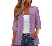 EMATOP Strickjacke Damen Leichte 3/4 Ärmel Cardigan Elegant Einfarbig Strickmantel Dünne Vorne Offen Pullover Casual Lose Strickpullover Klassisch Bequem Jacke Lang Spitze Übergangsjacke Outwear