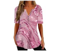 EMATOP Tshirt Damen Lässige Oberteil mit 3D Drucken Shirt Lässiges Kurzarm-Shirt mit V-Ausschnitt Knopfleiste Blusenshirt Lustiges bedrucktes Kurzarm-T-Shirt Weißes T Shirt Kurzarm Shirt Pullover