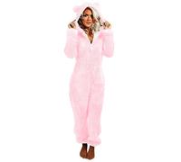 EMATOP Warmer Fleece Overall Damen Kuschelig Jumpsuit Plüsch Schlafanzug Elegant Einteiler Onesie Langarm Einfarbig Pyjama Flauschig Lang Schlafoverall mit Kapuze & Reißverschluss Hausanzug