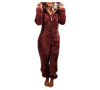 EMATOP Warmer Fleece Overall Damen Kuschelig Jumpsuit Plüsch Schlafanzug Elegant Einteiler Onesie Langarm Einfarbig Pyjama Flauschig Lang Schlafoverall mit Kapuze & Reißverschluss Hausanzug