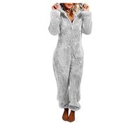 EMATOP Warmer Fleece Overall Damen Kuschelig Jumpsuit Plüsch Schlafanzug Elegant Einteiler Onesie Langarm Einfarbig Pyjama Flauschig Lang Schlafoverall mit Kapuze & Reißverschluss Hausanzug