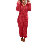 EMATOP Warmer Fleece Overall Damen Kuschelig Jumpsuit Plüsch Schlafanzug Elegant Einteiler Onesie Langarm Einfarbig Pyjama Flauschig Lang Schlafoverall mit Kapuze & Reißverschluss Hausanzug