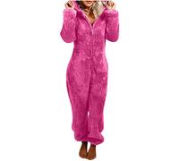 EMATOP Warmer Fleece Overall Damen Kuschelig Jumpsuit Plüsch Schlafanzug Elegant Einteiler Onesie Langarm Einfarbig Pyjama Flauschig Lang Schlafoverall mit Kapuze & Reißverschluss Hausanzug