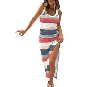 EMATOP Wickelkleid Damen Sexy Bodycon Kleid Lässiges Rundhals Etuikleid Elegant Einfarbig Sommerkleid mit Schlitz T Shirt Kleider Ärmellos Sexy Strandkleid Enges Lang Abendkleid Cocktailkleid