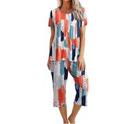 EMATOP Zweiteiliger Nachtwäsche Damen Sommer Schlafanzug Kurz Baumwolle Pyjama Set Vintage Blumen Druck Hausanzug Casual Lose Kurzarm Top mit 3/4 Lang Schlafhose Yoga Outfit Bequem Sleepwear