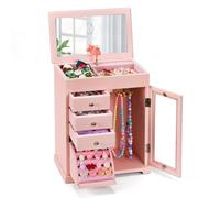 Emfogoo Musikalisches Schmuckkästchen für Mädchen, Großes Kinder Spieluhr Schmuckkästchen aus Holz mit Drehender Ballerina, 5 Ebenen Schmuckbox Schmuckaufbewahrung Geschenk für Prinzessinnen (Rosa)