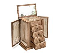 Emfogoo Schmuckkästchen, 5 Ebenen Schmuckaufbewahrung, Große Holz Schmuckkasten Organizers für Ringe Ohrringe Halsketten Armbänder, Schmuckschatulle mit Schubladen und Spiegel(Rustikal)