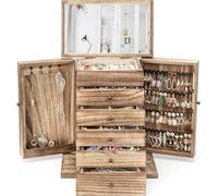 Emfogoo Schmuckkästchen, 6 Ebenen Schmuckaufbewahrung für Damen, Rustikales Holz Groß Schmuckkasten Organizers mit Spiegel, Schmuckbox für Ringe, Ohrringe, Armbänder, Halsketten (Retro Brown)
