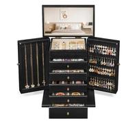 Emfogoo Schmuckkästchen, 6 Ebenen Schmuckaufbewahrung für Damen, Rustikales Holz Groß Schmuckkasten Organizers mit Spiegel, Schmuckbox für Ringe, Ohrringe, Armbänder, Halsketten (Schwarz)