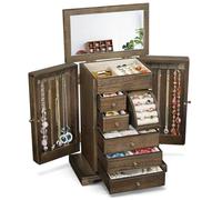 Emfogoo Schmuckkästchen 6 Ebenen, Schmuckaufbewahrung, Rustikales Holz Schmuckkasten 6 Schubladen mit Spiegel, Schmuck Organizer für Ringe, Ohrringe, Halsketten, Armbänder (Vintage)