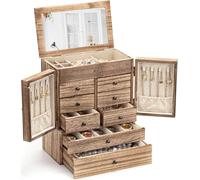 Emfogoo Schmuckkästchen Damen, 6 Ebenen Aufbewahrungsbox mit 8 Schubladen, Holz Schmuckaufbewahrung, Großem Schmuckkasten Organizers für Ringe, Ohrringe, Armbänder, Halsketten (Rustikal Braun)