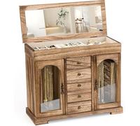 Emfogoo Schmuckkästchen für Damen, 6 Ebenen Rustic Aufbewahrungsbox, Groß Holz Schmuckaufbewahrung mit Spiegel, Schmuckkasten Organizers für Ringe, Ohrringe, Armbänder, Halsketten (Retro Brown)