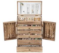 Emfogoo Schmuckkästchen für Damen, 6 Ebenen Rustic Aufbewahrungsbox, Groß Holz Schmuckaufbewahrung mit Spiegel, Schmuckkasten Organizers für Ringe, Ohrringe, Armbänder, Halsketten (Retro Brown)