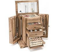 Emfogoo Schmuckkästchen, Schmuckaufbewahrung, Rustikales Holz Groß Schmuckkasten Organizers mit Spiegel, 4 Ebenen Schmuckbox für Ringe, Ohrringe, Halsketten, Armbänder (Rustikal Braun)