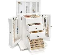 Emfogoo Schmuckkästchen, Schmuckaufbewahrung, Rustikales Holz Groß Schmuckkasten Organizers mit Spiegel, 4 Ebenen Schmuckbox für Ringe, Ohrringe, Halsketten, Armbänder (Verwittertes Weiß)