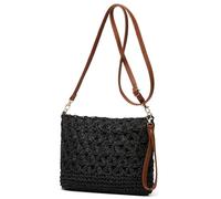 EMGILL Stroh-Strandtaschen für Damen, Rattan-Geldbörsen, Sommer, Stroh, handgewebt, Tasche, Bast, Handtasche, Umhängetasche, quadratische Tasche, Schwarz2