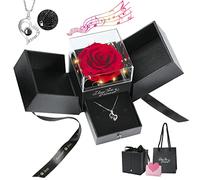 Emibele Ewige Echte Rote Rose mit S925 Sterling Silber Halskette Ich Liebe Dich in 100 Sprachen, Konservierte Rose Box mit Musik Licht, Geschenke für Frauen Mama Oma Valentinstag Muttertag Geburtstag