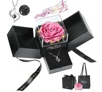 Emibele Konserviert Echte Rosa Rose mit S925 Sterling Silber Halskette, Rose mit Ich Liebe Dich Halskette in 100 Sprachen, Spieluhr mit Lichtern Romantische Geschenke für Mama Oma Frau Freundin
