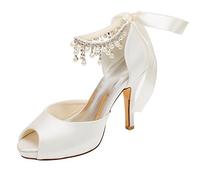 Emily Bridal Brautschuhe Elfenbein Hochzeit Schuhe Satin High Heels Peep Toe Perlen Lace Up Brautschuhe (EU37, Elfenbein)