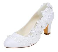 Emily Bridal Brautschuhe Frauen Seide wie Satin Stämmiger Absatz Absatzschuhe mit Stich Spitzen Blume Kristall Perle (EU40, Weiß)