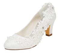 Emily Bridal Brautschuhe Frauen Seide wie Satin Stämmiger Absatz Absatzschuhe mit Stich Spitzen Blume Kristall Perle, Elfenbein, 41 EU (7.5 UK)