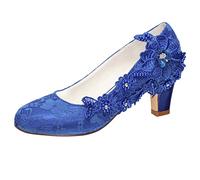 Emily Bridal Brautschuhe Frauen Seide wie Satin Stämmiger Absatz Absatzschuhe mit Stich Spitzen Blume Kristall Perle (EU38, Blau)
