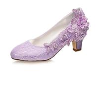 Emily Bridal Brautschuhe Frauen Seide wie Satin Stämmiger Absatz Absatzschuhe mit Stich Spitzen Blume Kristall Perle (EU38, Helles Lila)