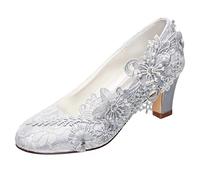 Emily Bridal Brautschuhe Frauen Seide wie Satin Stämmiger Absatz Absatzschuhe mit Stich Spitzen Blume Kristall Perle (EU40, Silber)