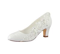 Emily Bridal Brautschuhe Frauen Seide wie Satin Stämmiger Absatz Absatzschuhe mit Stich Spitzen Blume Kristall Perle (EU38, Ivory)