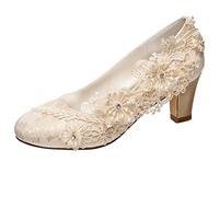 Emily Bridal Brautschuhe Frauen Seide wie Satin Stämmiger Absatz Absatzschuhe mit Stich Spitzen Blume Kristall Perle (EU36, Champagner)