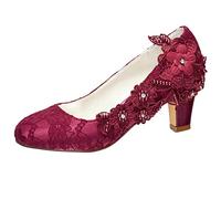 Emily Bridal Brautschuhe Frauen Seide wie Satin Stämmiger Absatz Absatzschuhe mit Stich Spitzen Blume Kristall Perle (EU42, Burgund)