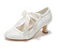 Emily Bridal Brautschuhe Frauen-Spitze-Spulen-Ferse geschlossene Zehe-Pumpen (EU42, Ivory)