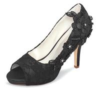 Emily Bridal Brautschuhe Spitze Hochzeitsschuhe Spitze Peep Toe High Heel Brautschuhe (EU38, Schwarz)